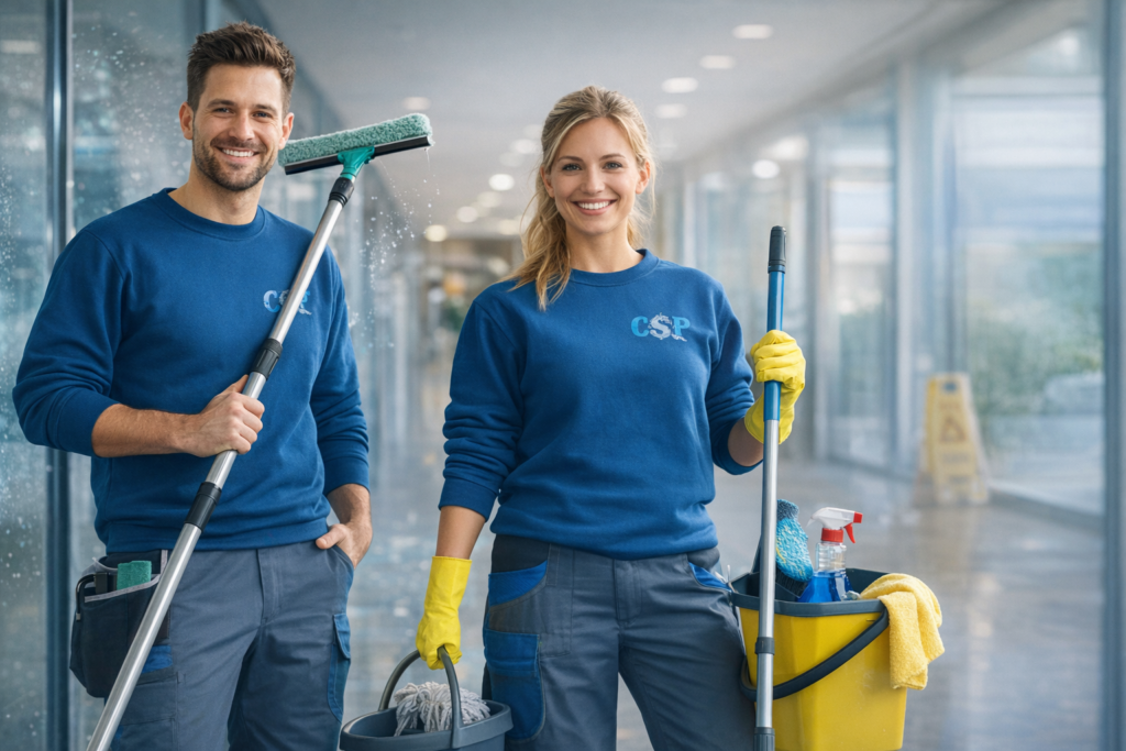 sauberkeitsteam im modernen bürogebäude